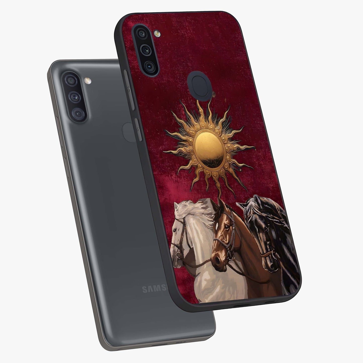 Solar Riders Glass Case displayed in angled mockup highlighting powerful rider illustration with radiant solar aesthetic.