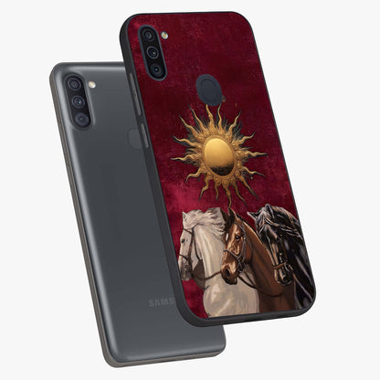 Solar Riders Glass Case displayed in angled mockup highlighting powerful rider illustration with radiant solar aesthetic.