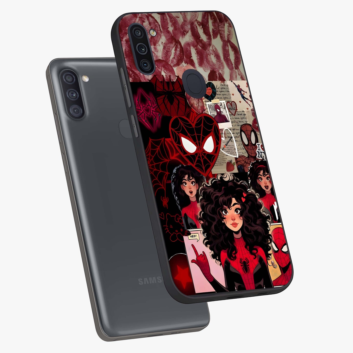 Spider Love Story Glass Case displayed in angled mockup highlighting expressive comic inspired design with playful aesthetic.