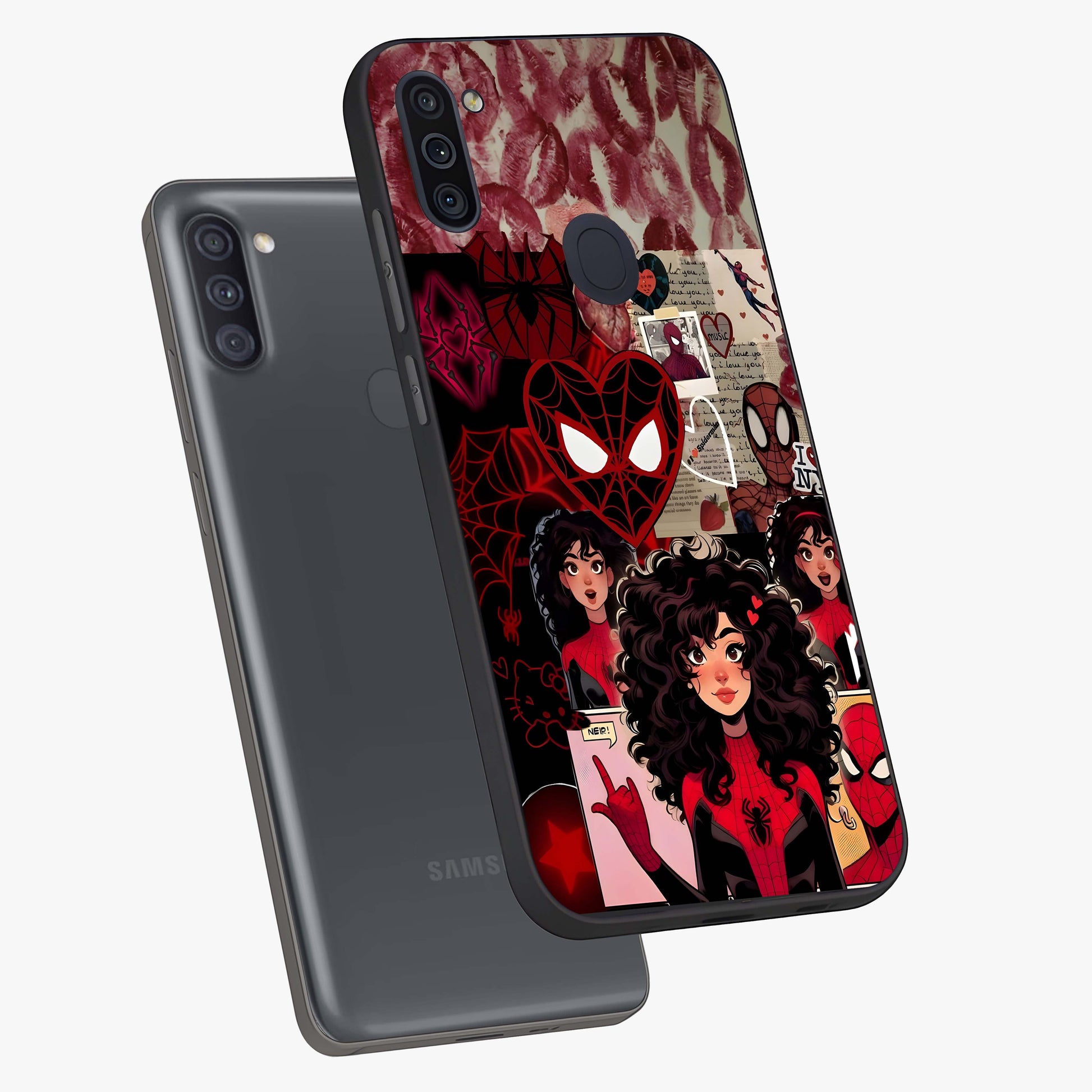 Spider Love Story Glass Case displayed in angled mockup highlighting expressive comic inspired design with playful aesthetic.
