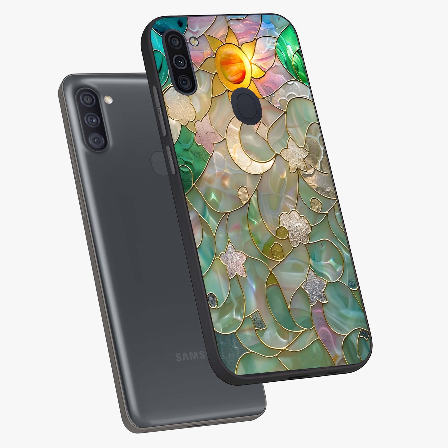 Stained Sunrise Glow Glass Case displayed in angled mockup highlighting radiant sunrise design with artistic aesthetic style.