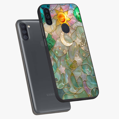 Stained Sunrise Glow Glass Case displayed in angled mockup highlighting radiant sunrise design with artistic aesthetic style.
