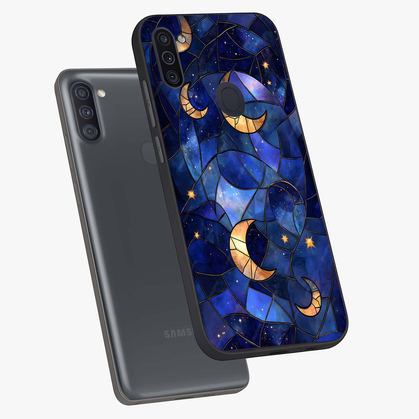 Starlit Sky Tapestry Glass Case displayed in angled mockup highlighting celestial night pattern with artistic aesthetic style.