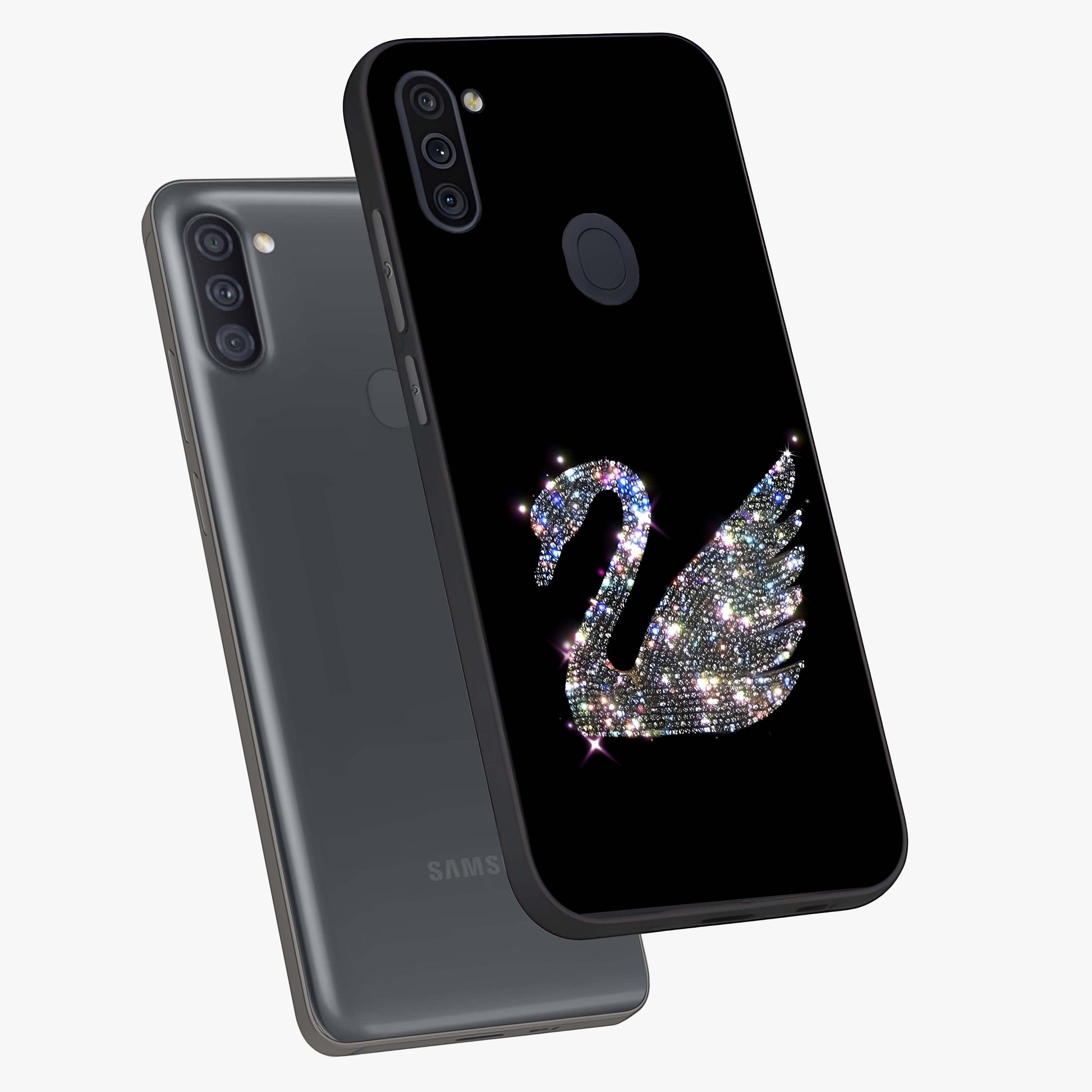 Starlit Swan Grace Glass Case displayed in angled mockup highlighting elegant swan illustration with dreamy celestial aesthetic.