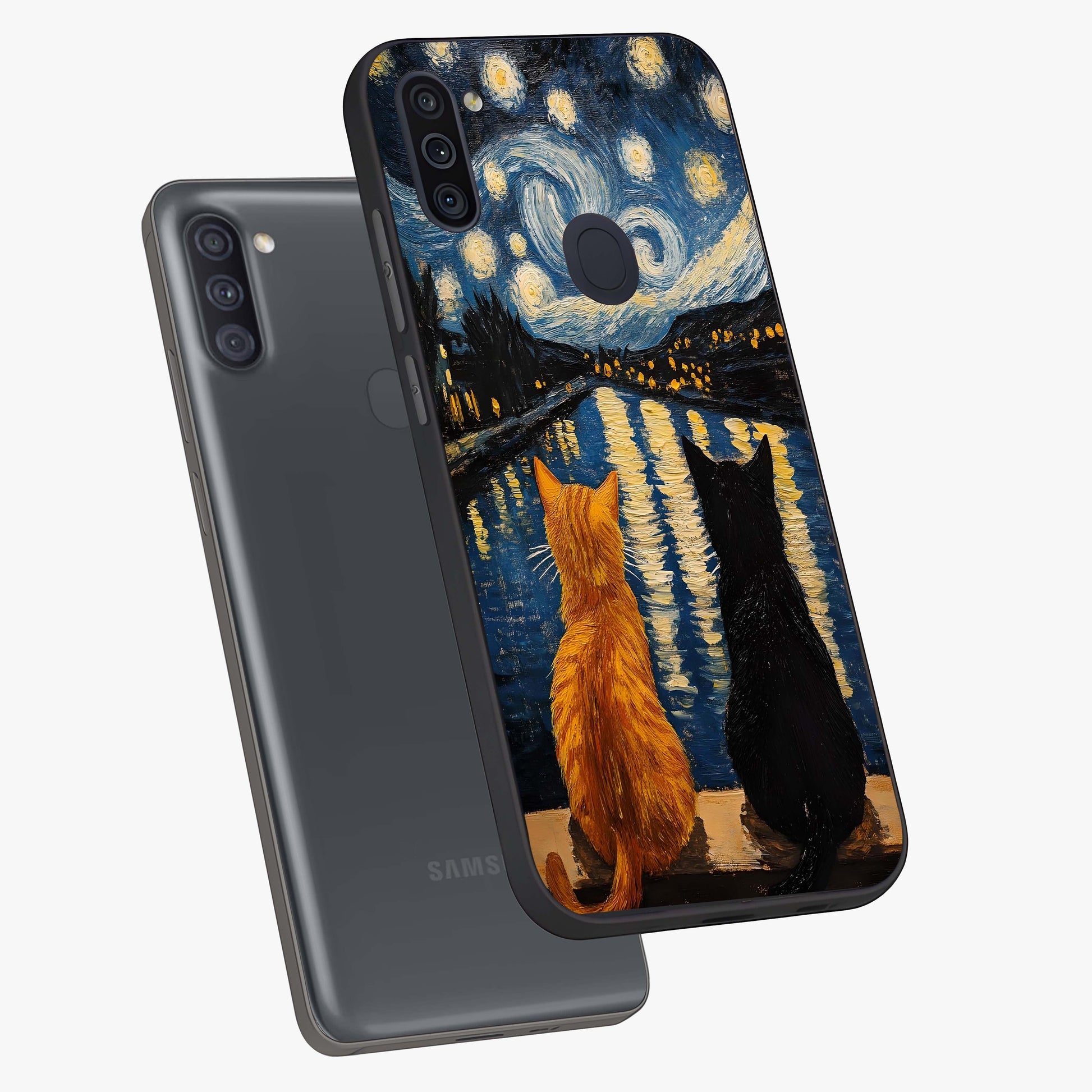 Starry River Cats Glass Case displayed in angled mockup highlighting charming feline illustration with dreamy night aesthetic.