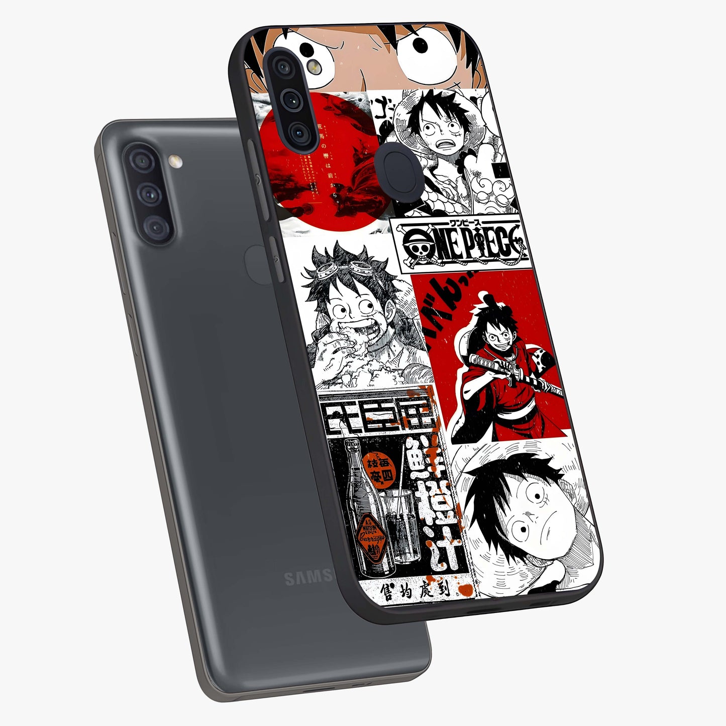 Strawhat Chaos Panels Glass Case displayed in angled mockup highlighting vibrant anime collage design with action aesthetic.