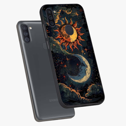Sun And Moon Magic Design Glass Case displayed in angled mockup highlighting celestial design with magical cosmic aesthetic.