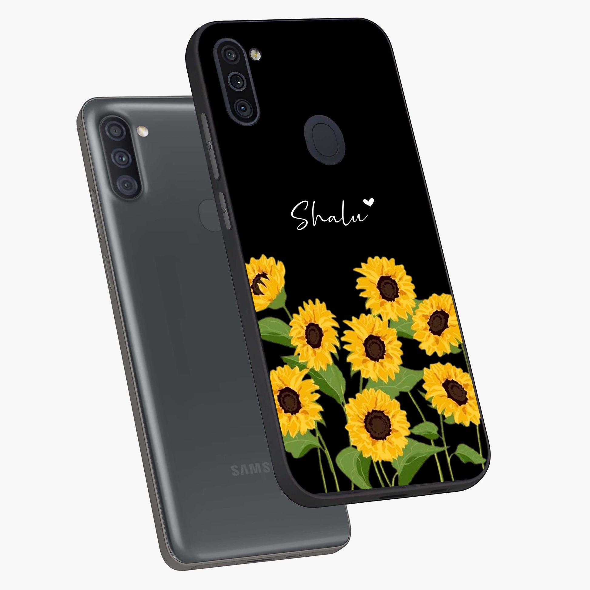 Sunflower Chic Mood Custom Name Glass Case displayed in angled mockup highlighting vibrant sunflower design with custom name feature.
