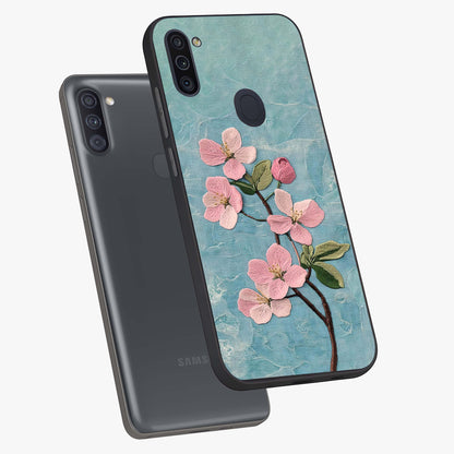 Threaded Blossom Breeze Glass Case displayed in angled mockup highlighting elegant floral design with soft aesthetic style.