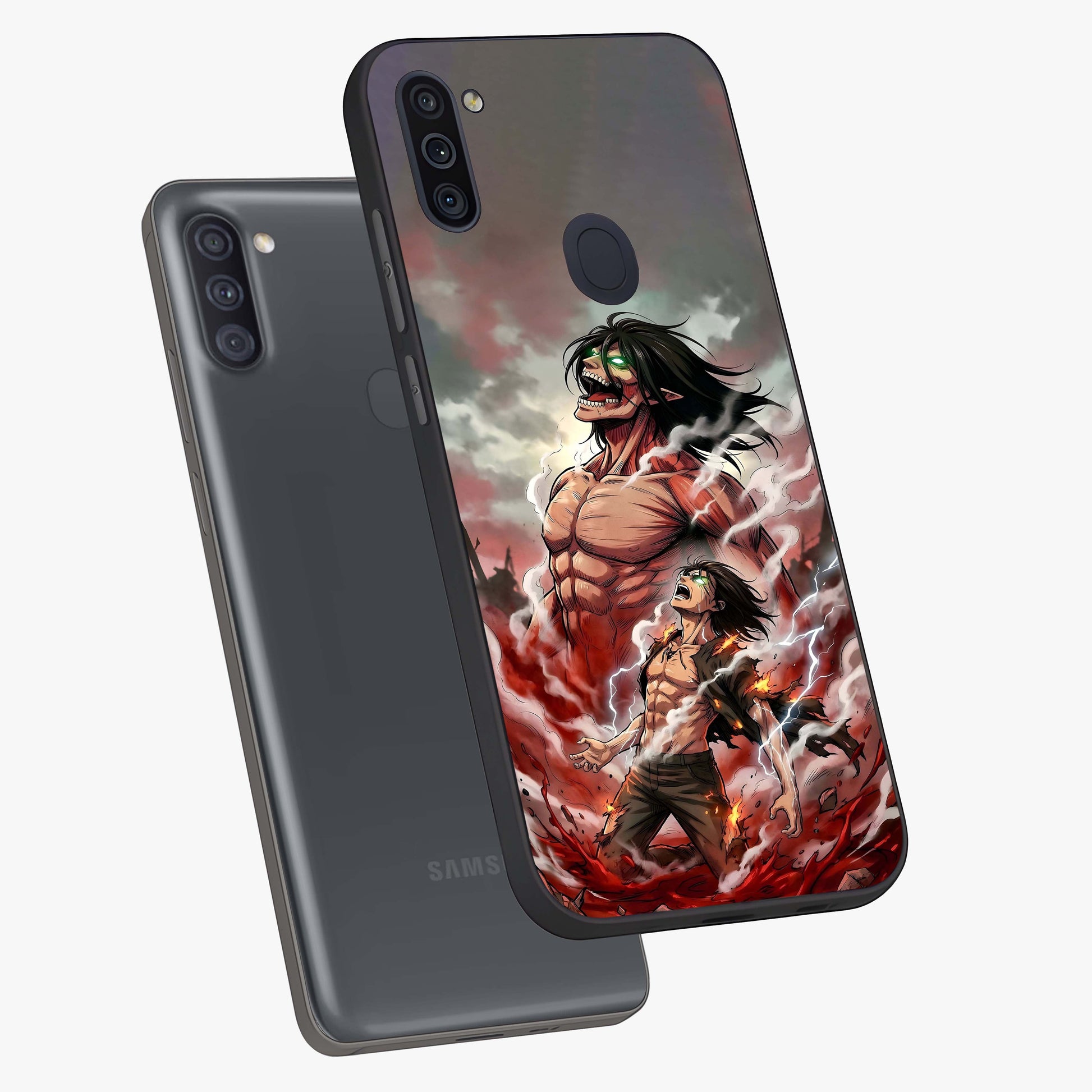 Titan Awakening Fury Glass Case displayed in angled mockup highlighting dramatic giant warrior design with bold anime aesthetic.
