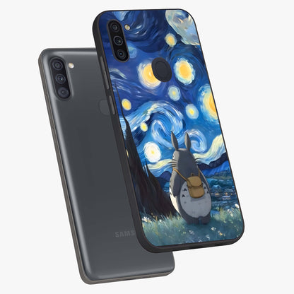 Totoro In Van Gogh Art Glass Case displayed in angled mockup highlighting artistic swirling sky design with playful animation aesthetic.