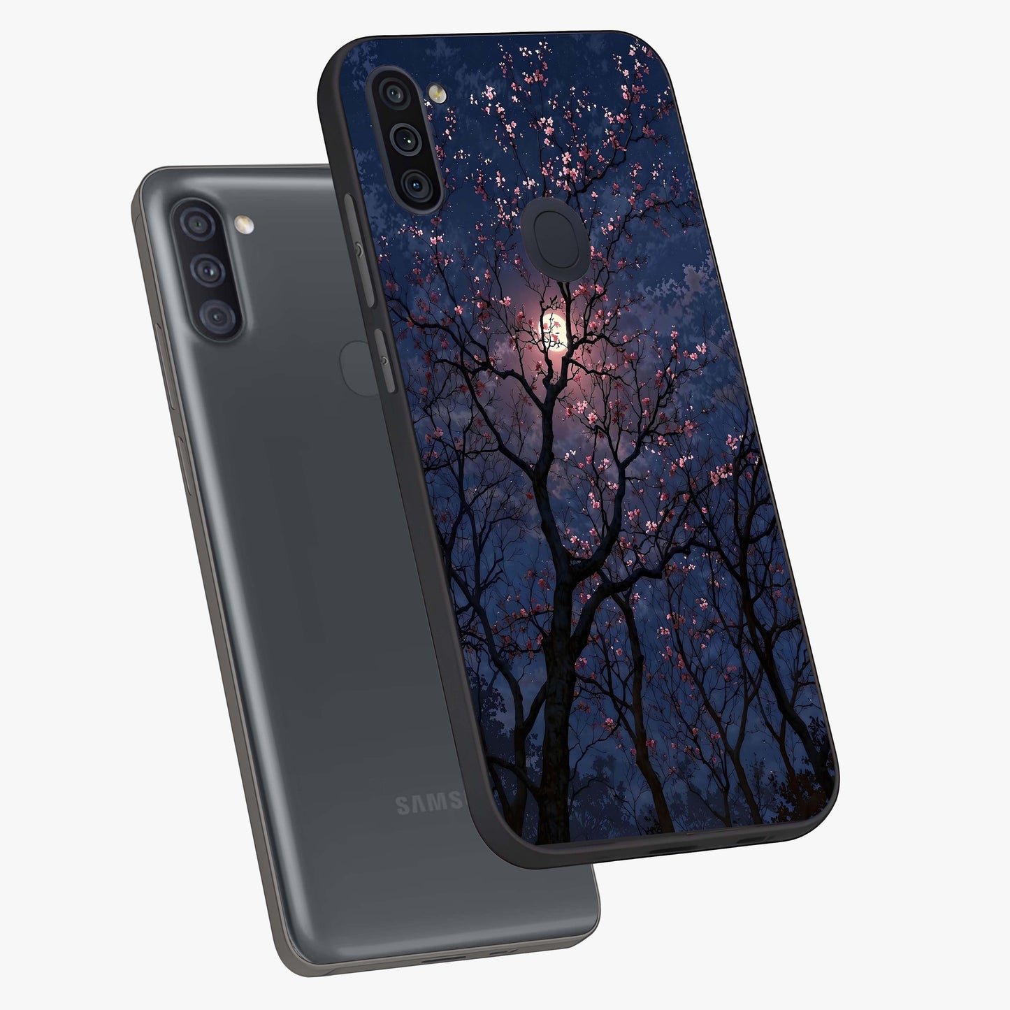 Twilight Sakura Serenade Glass Case displayed in angled mockup highlighting delicate sakura flower design with dreamy aesthetic.