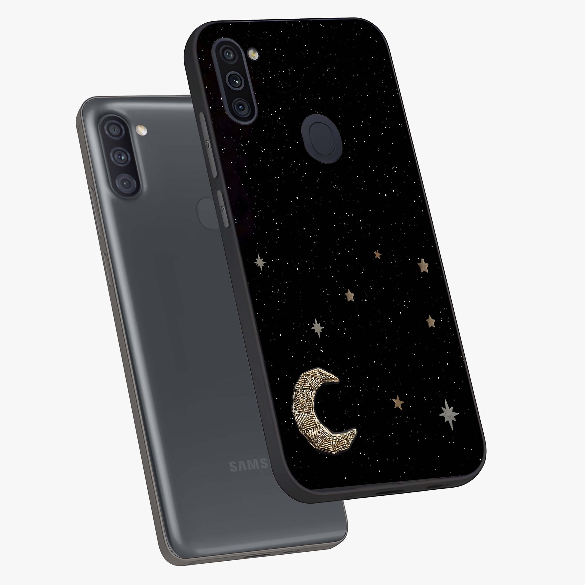 Twinkle Star With Half Moon Glass Case displayed in angled mockup highlighting celestial moon and star design with magical aesthetic.