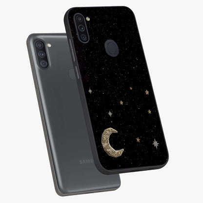 Twinkle Star With Half Moon Glass Case displayed in angled mockup highlighting celestial moon and star design with magical aesthetic.