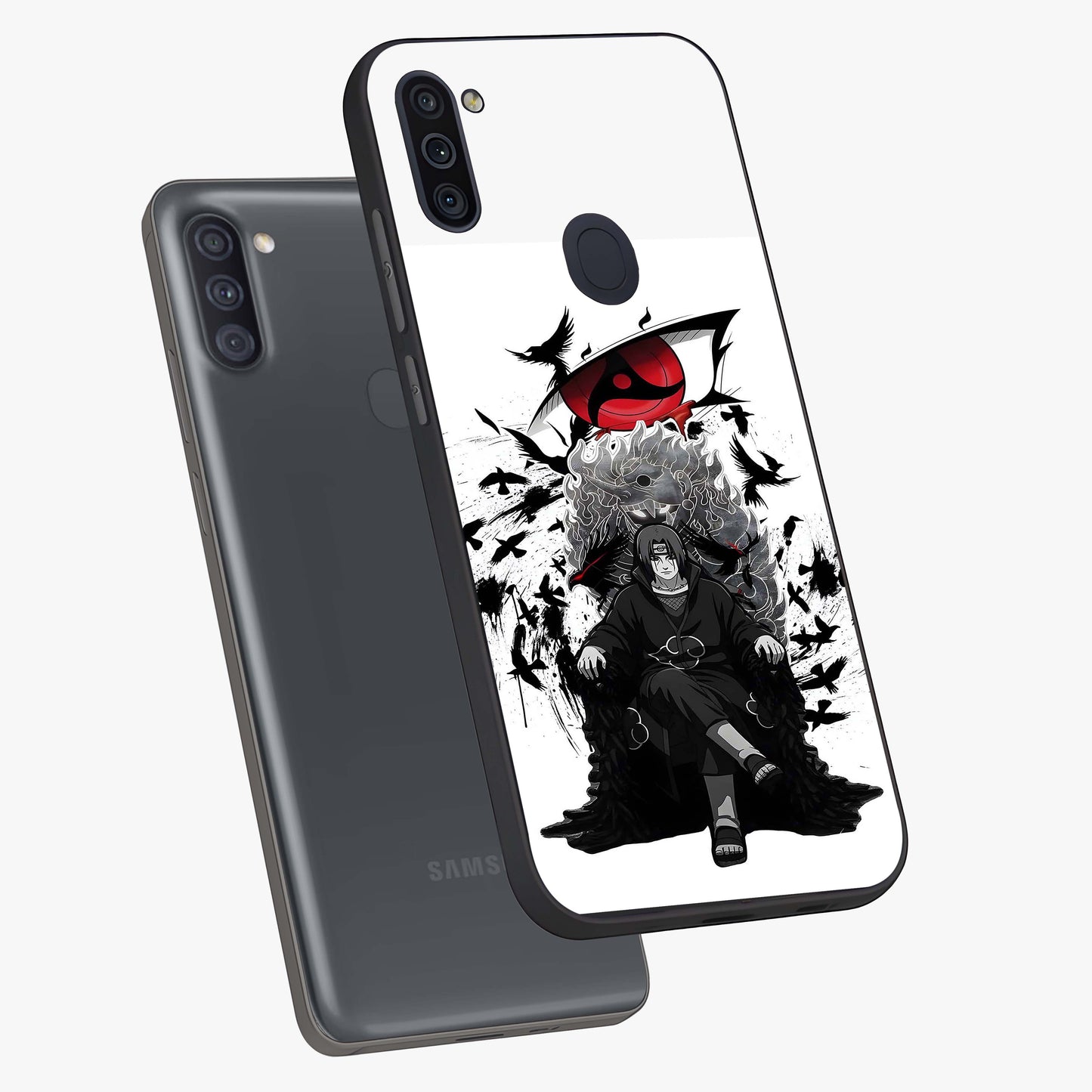 Uchiha Shadow Throne Glass Case displayed in angled mockup highlighting glowing aquatic design with celestial aesthetic.