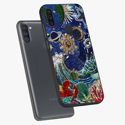 Universe Underwater Spark Glass Case displayed in angled mockup highlighting glowing aquatic design with celestial aesthetic.
