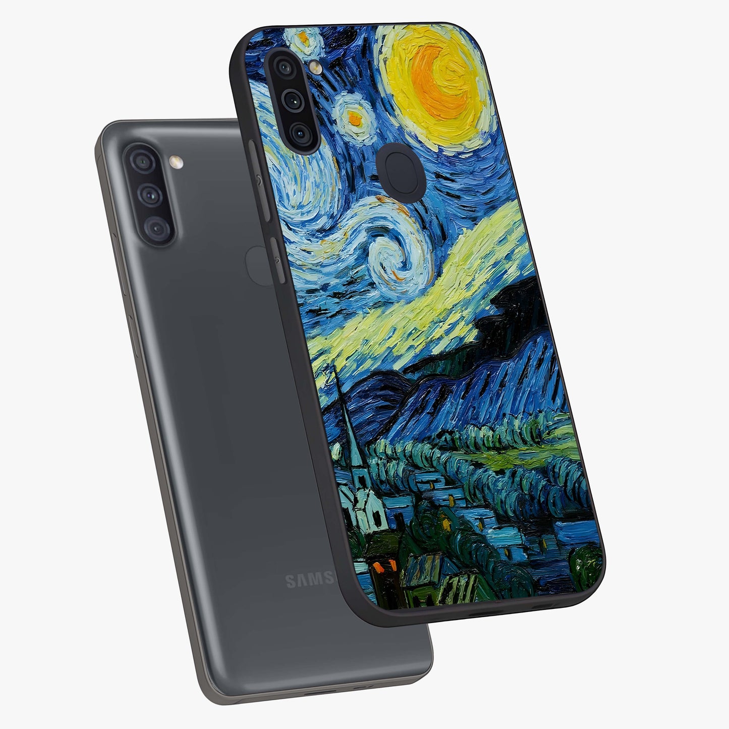 Van Gogh Art Glass Case displayed in angled mockup highlighting swirling brushstroke design with artistic aesthetic.