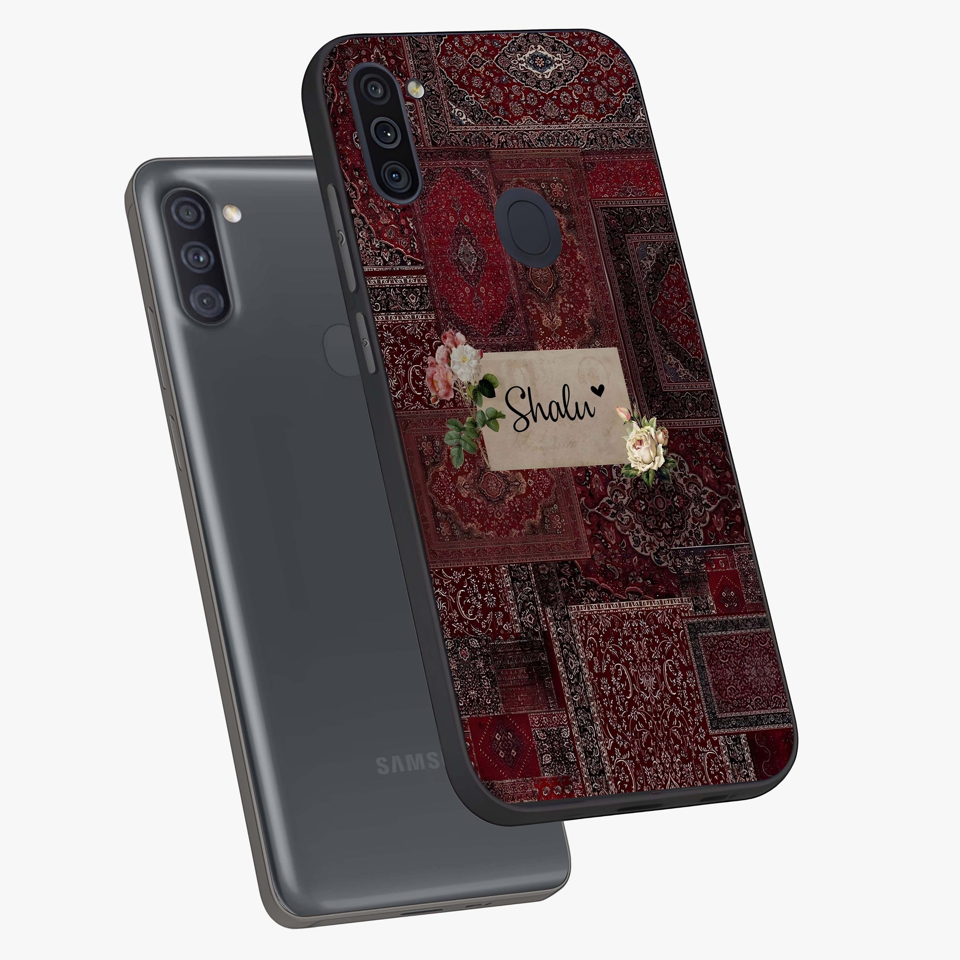 Velvet Wine Pattern Custom Name Glass Case displayed in angled mockup highlighting decorative velvet inspired design with custom name feature.