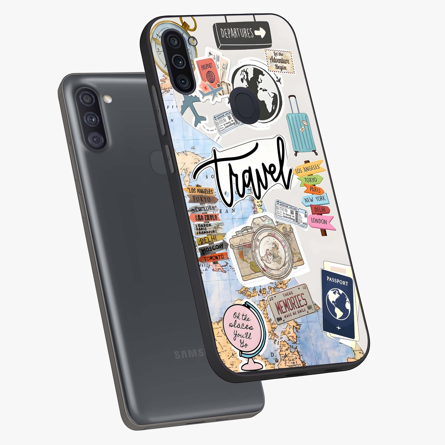 Wanderlust Journal Glass Case displayed in angled mockup highlighting adventure themed design with aesthetic travel vibe.