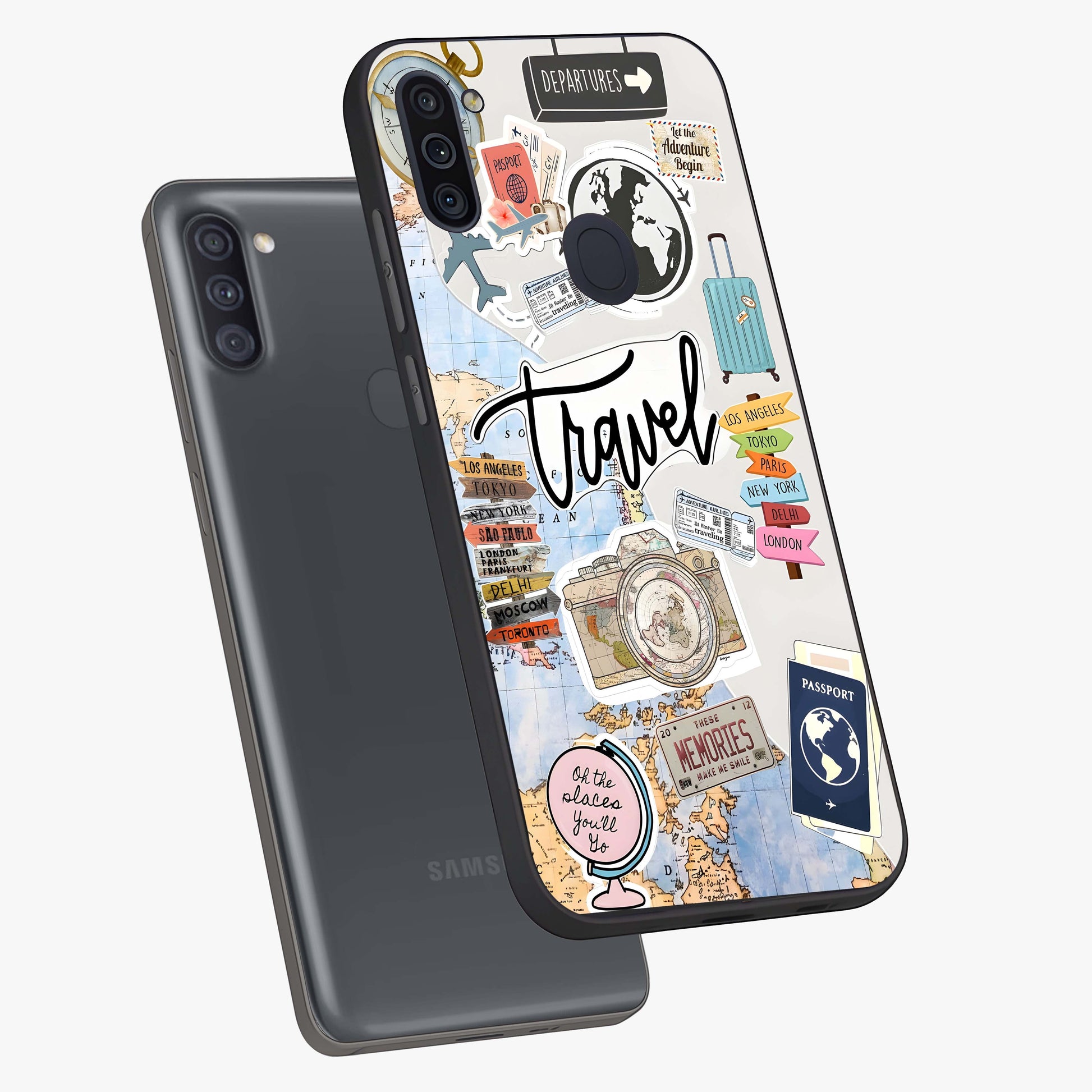 Wanderlust Journal Glass Case displayed in angled mockup highlighting adventure themed design with aesthetic travel vibe.