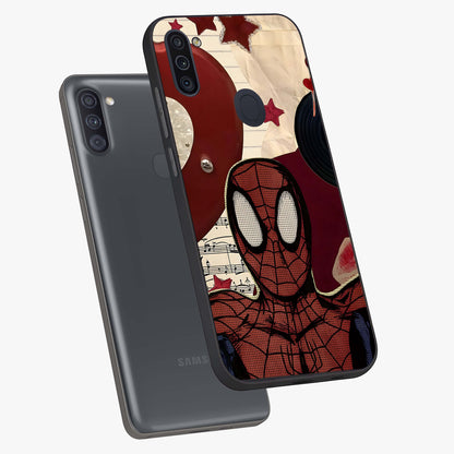 Web Warrior Vibes Glass Case displayed in angled mockup highlighting dynamic web design with comic style aesthetic.