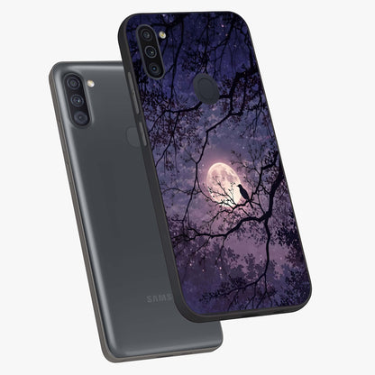 Whispering Moon Silence Glass Case displayed in angled mockup highlighting calm lunar design with dreamy night aesthetic.