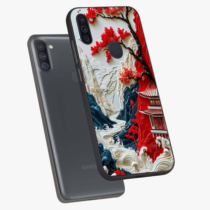 Whispers Of Sakura Waves Glass Case displayed in angled mockup highlighting flowing sakura design with soft floral aesthetic.