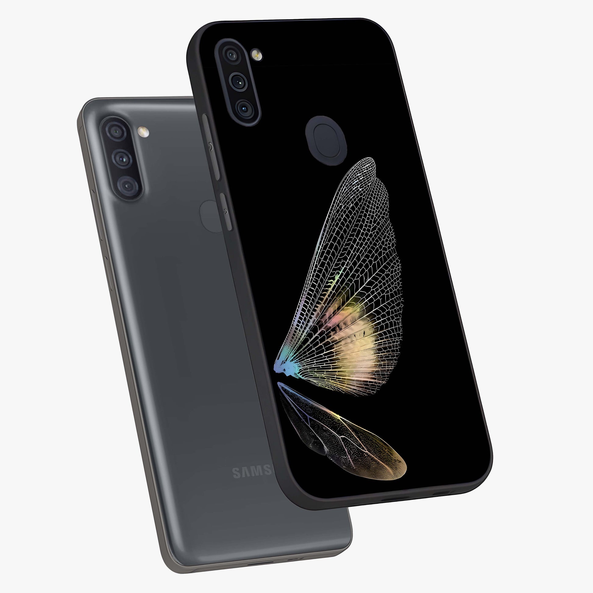 Whispers Of Wings Glass Case displayed in angled mockup highlighting soft feather design with celestial aesthetic style.