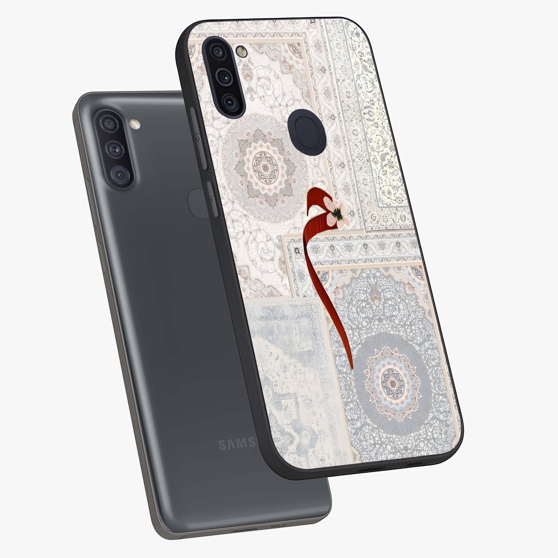 White Aesthetic Bow Glass Case displayed in angled mockup highlighting clean bow design with soft aesthetic style.