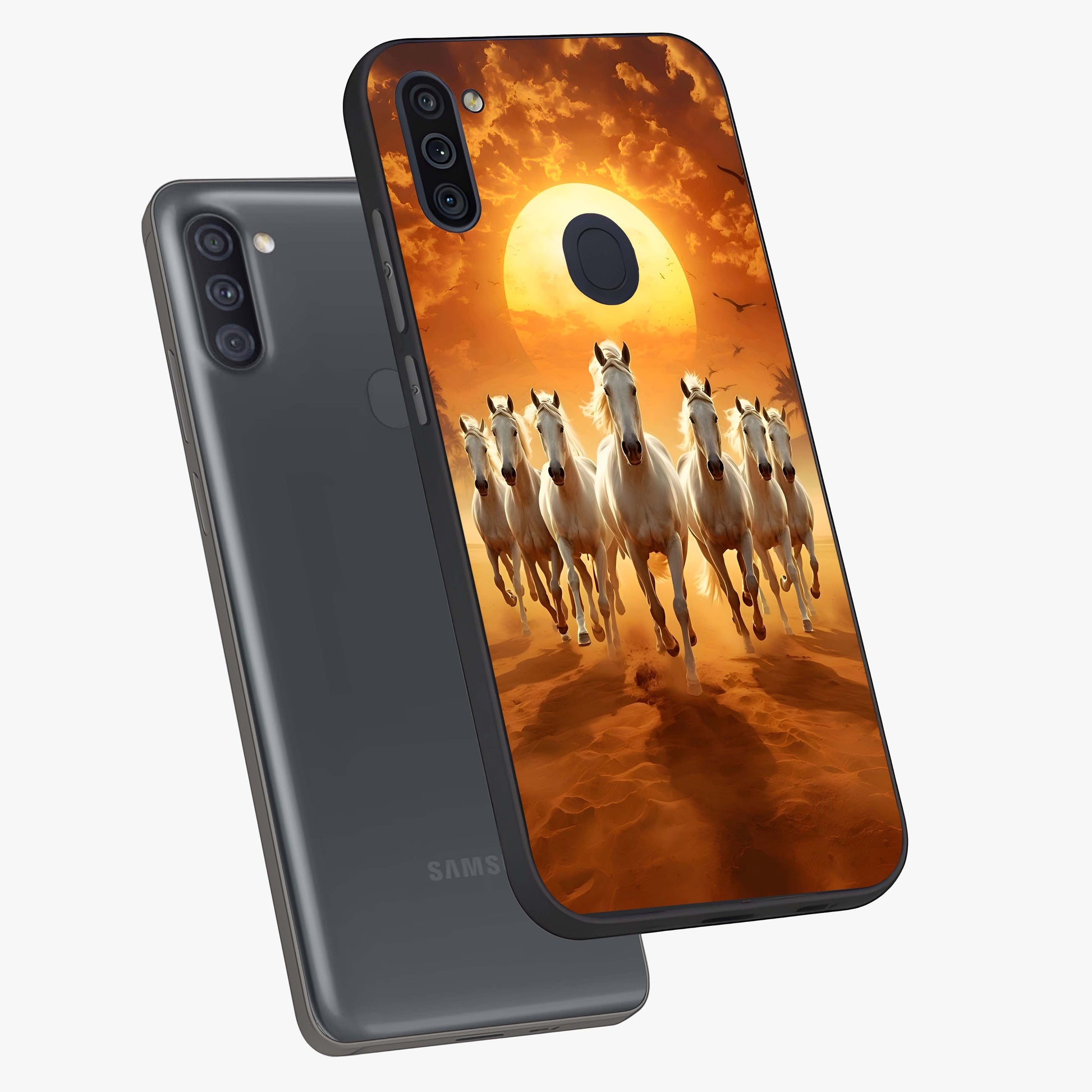 Wild Sunset Majesty Glass Case displayed in angled mockup highlighting vibrant sunset sky design with scenic aesthetic.
