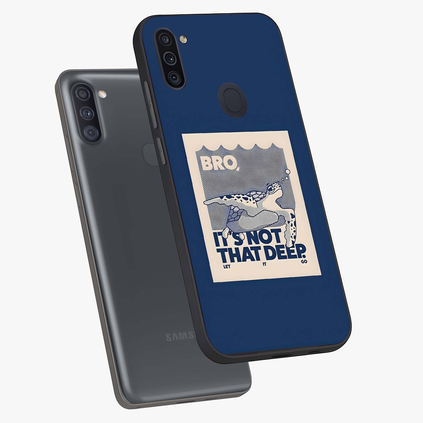 Worry Less Swim Glass Case displayed in angled mockup highlighting fun typography design with relaxed aesthetic style.