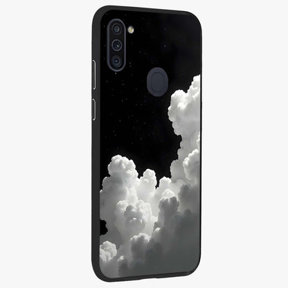Black Background With White Cloud Glass Case upright view showcasing calm cloud aesthetic with modern minimal style.