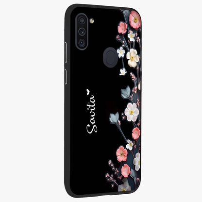Black Elegance Floral Custom Name Glass Case upright view showcasing luxurious black floral design with personalized name detail.