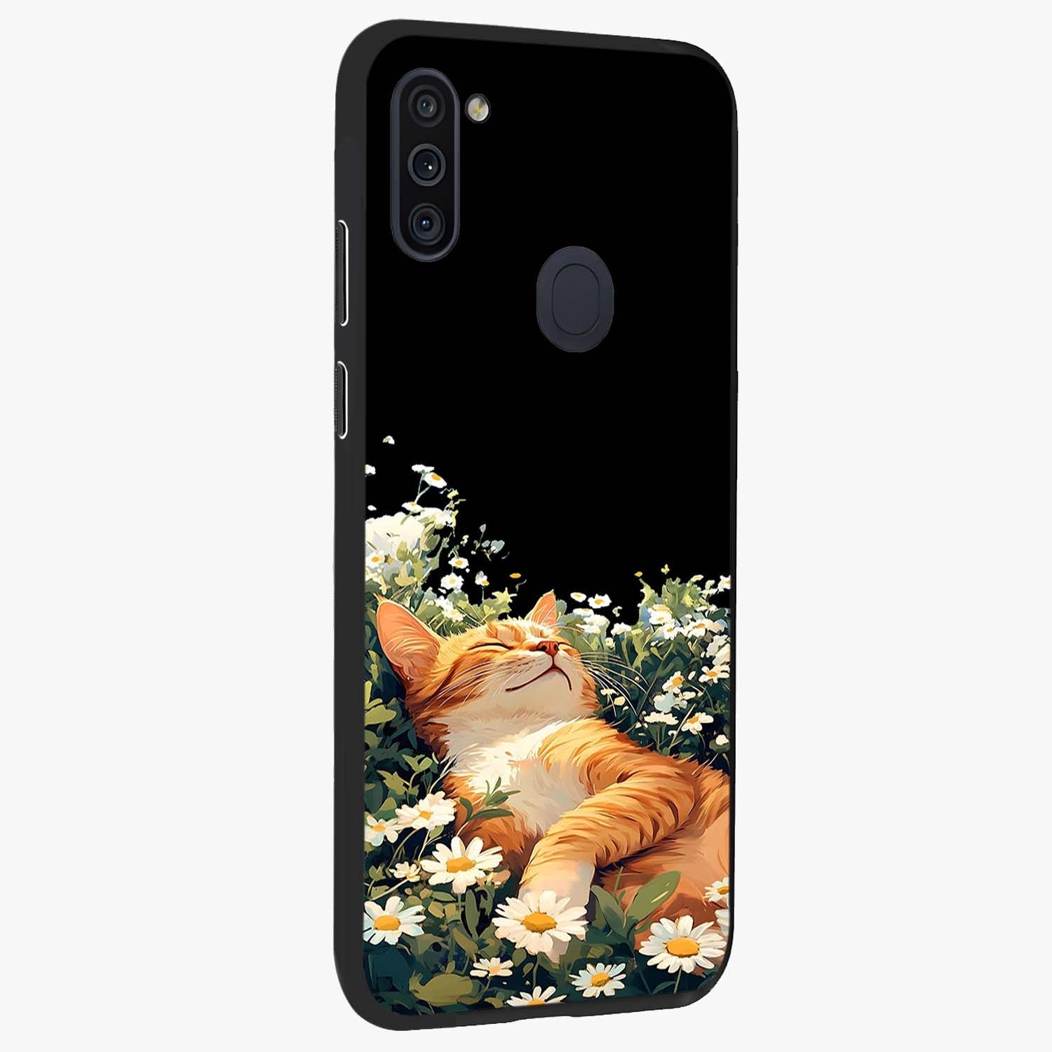Blissful Bloom Cat Glass Case upright view showcasing charming cat design surrounded by blooming floral elements.