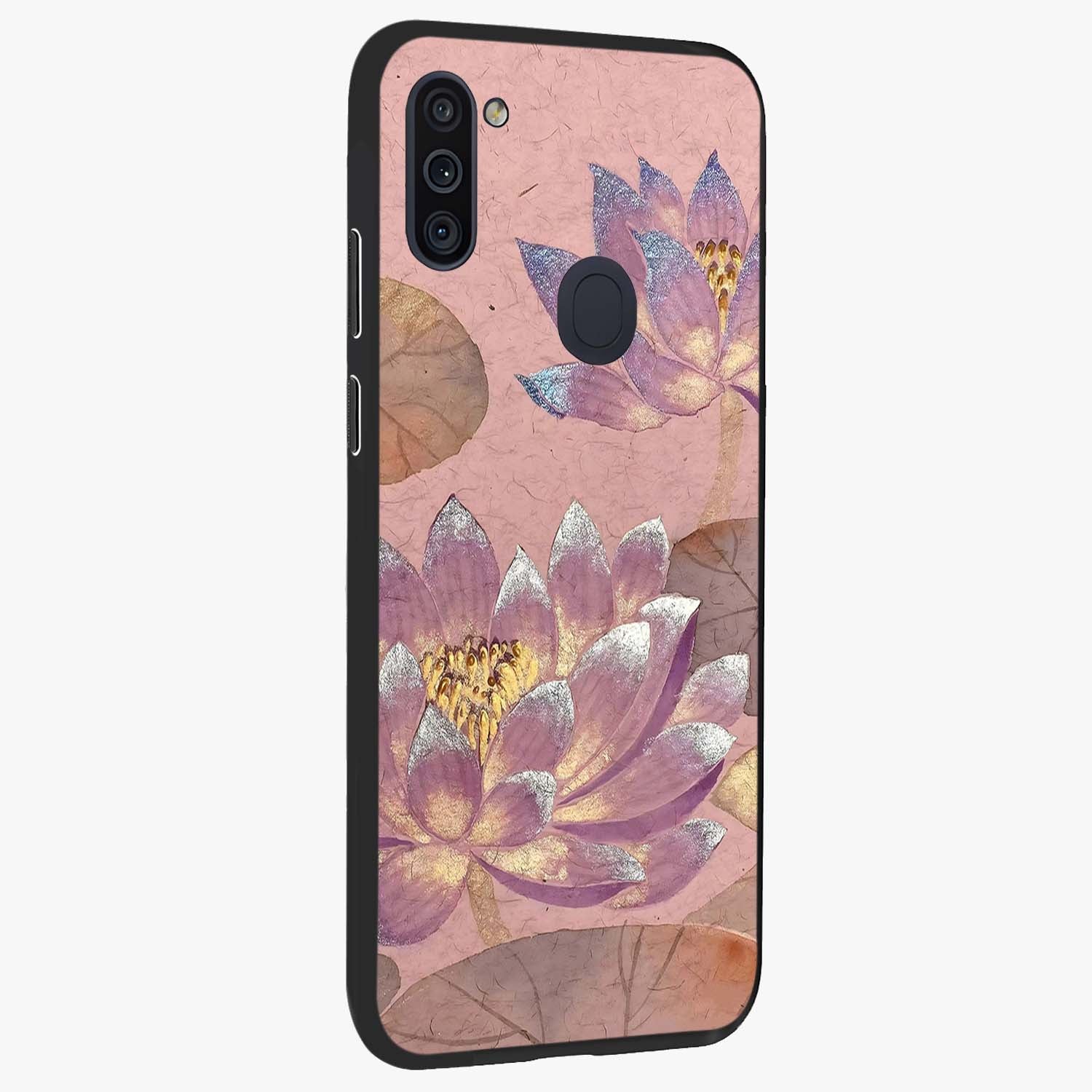 Blossom Mist Lotus Glass Case upright view showcasing graceful lotus flower design with peaceful botanical style.