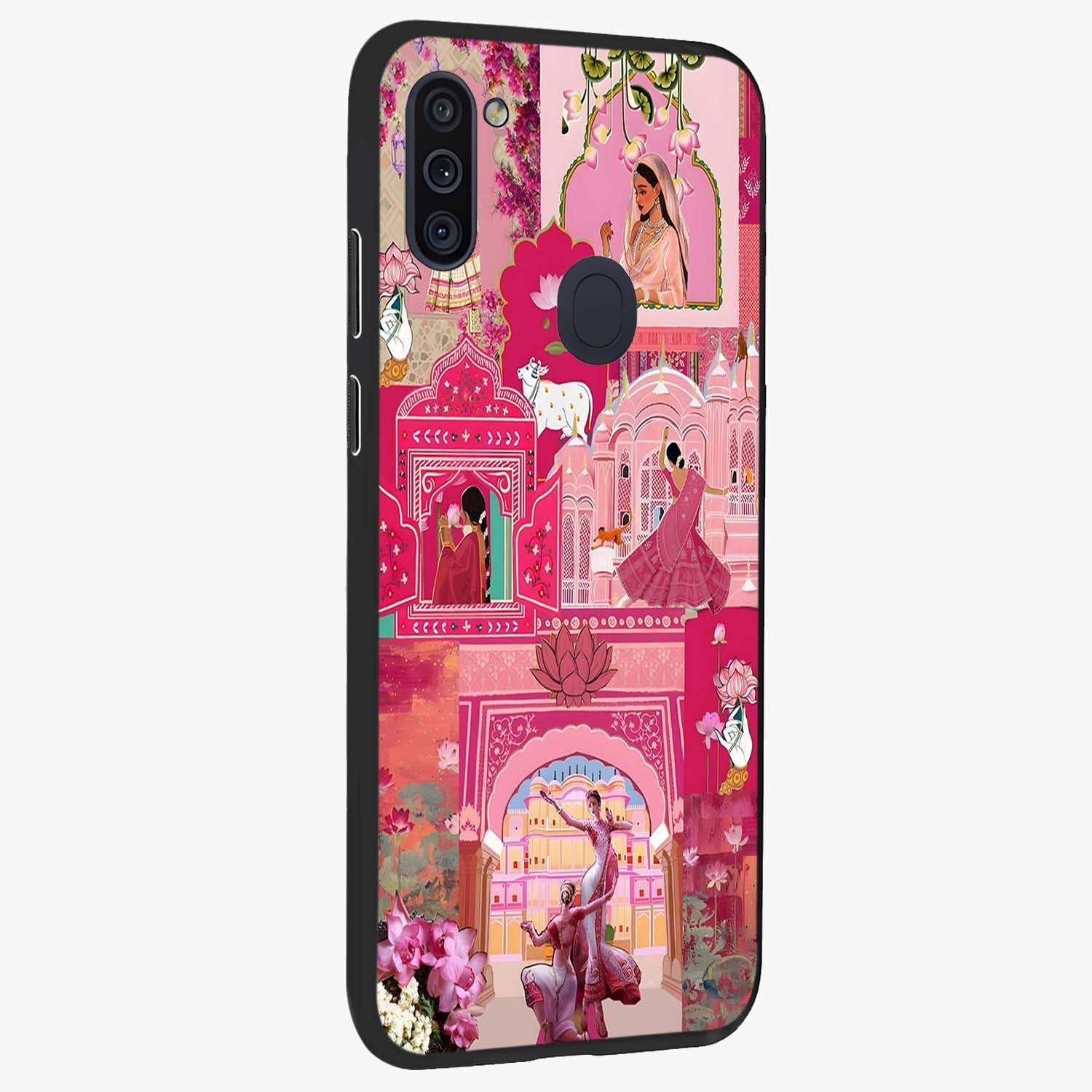 Blossoms of Rajasthan Glass Case upright view showcasing colorful floral design inspired by traditional Indian art.