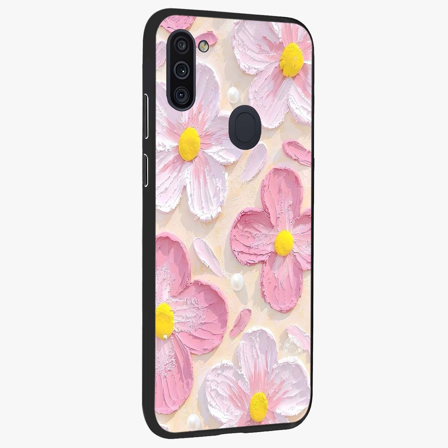 Blush Bloom Texture Glass Case upright view showcasing delicate blush floral texture with modern minimal style.