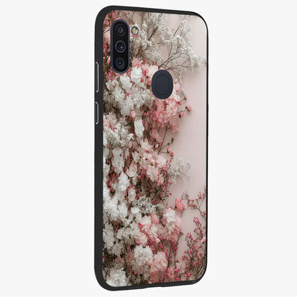 Blush Blossom Cloud Glass Case upright view showcasing calm floral cloud artwork with gentle dreamy theme.