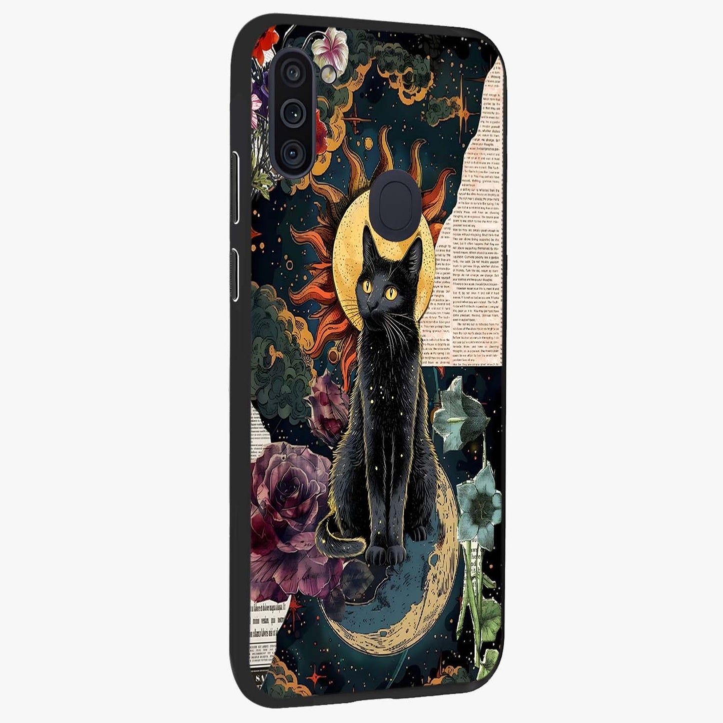 Celestial Black Cat Glass Case upright view showcasing magical black cat illustration with starry cosmic theme.