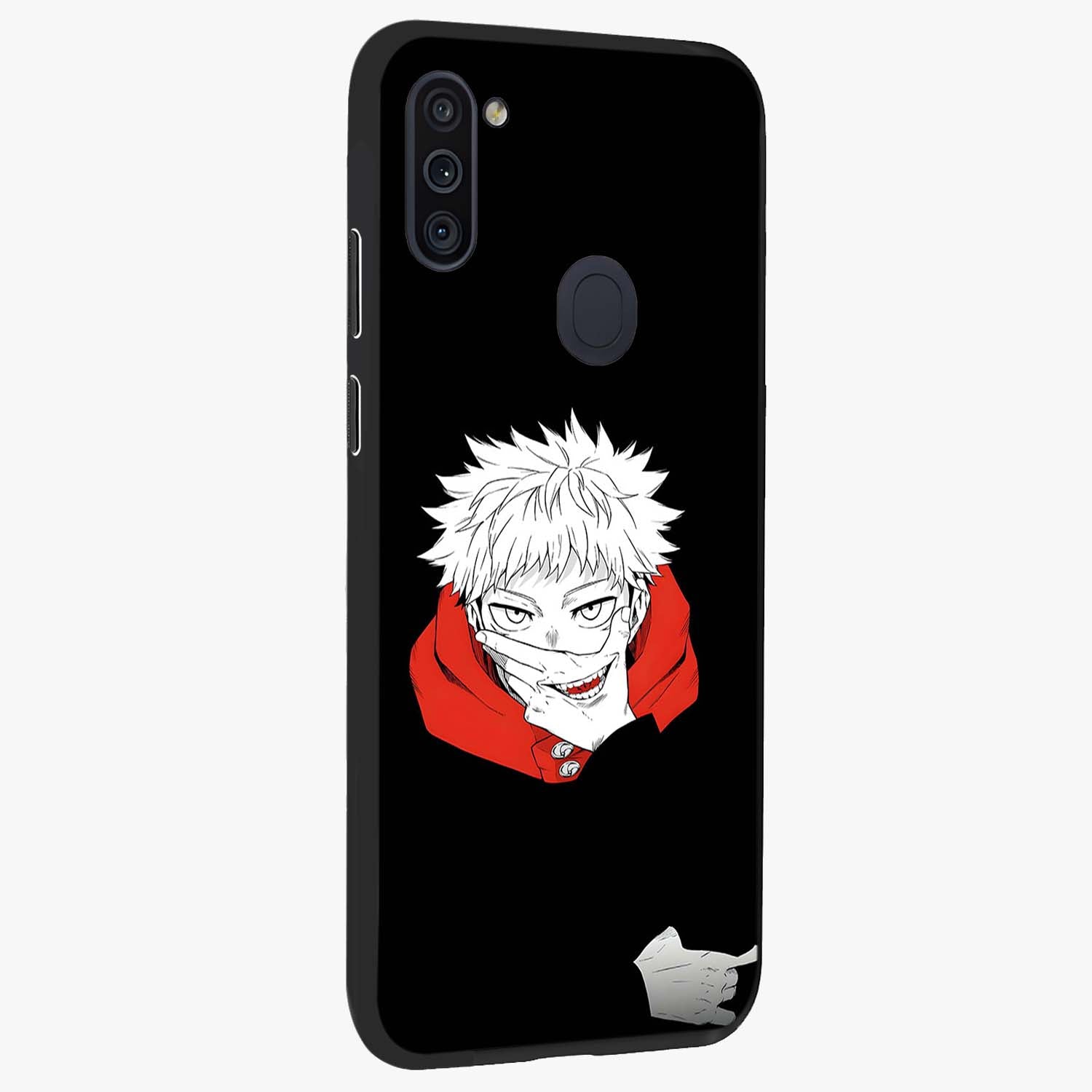 Crimson Chaos Smile Glass Case upright view showcasing expressive chaotic artwork with striking visual theme.