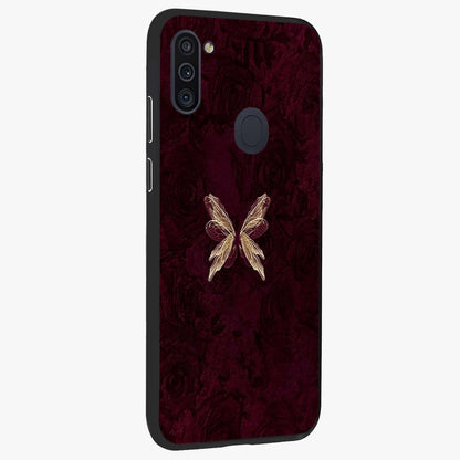 Crimson Fade Butterfly Glass Case upright view showcasing graceful butterfly artwork with soft crimson fade effect.