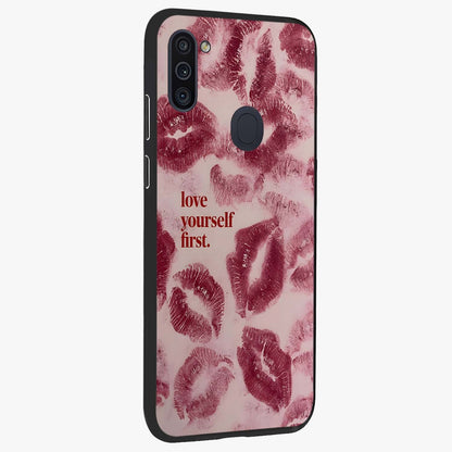 Crimson Kiss Love Glass Case upright view showcasing expressive romantic artwork with deep crimson theme.