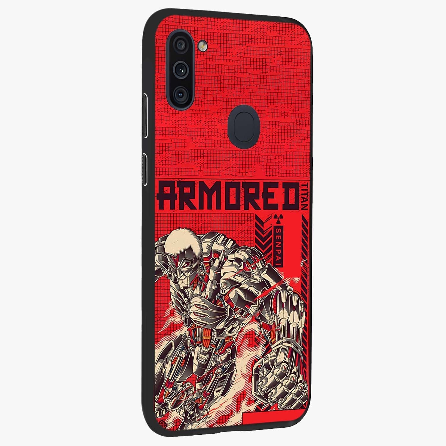 Crimson Mecha Titan Glass Case upright view showcasing dynamic robotic titan design with sci-fi inspired theme.