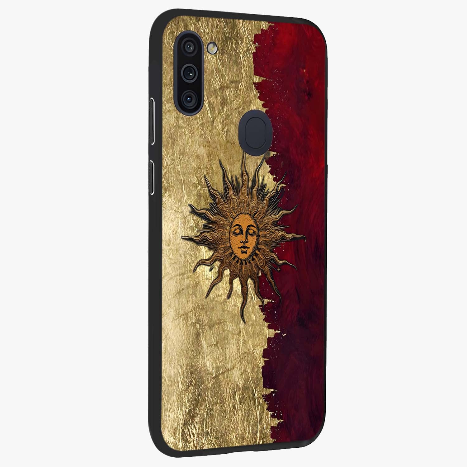 Crimson Sun Majesty Glass Case upright view showcasing vibrant sun artwork with powerful celestial theme.