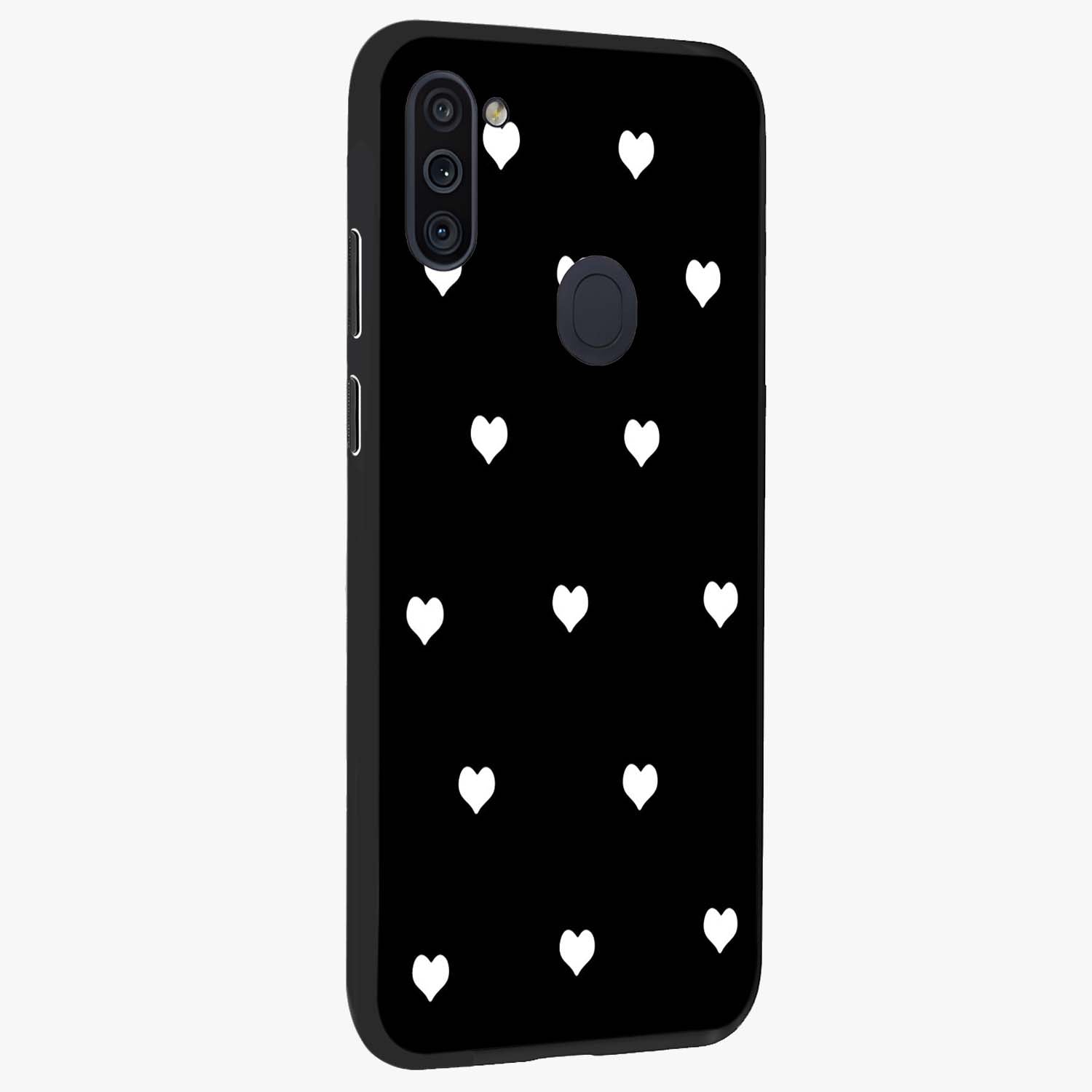 Cute And Simple White Hearts Glass Case upright view showcasing simple white hearts artwork with soft minimal theme.