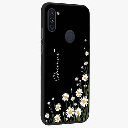 Daisy Cascade Custom Name Glass Case upright view showcasing elegant floral cascade design with personalized aesthetic.
