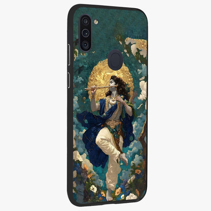 Divine Krishna Art Glass Case upright view showcasing divine Krishna artwork with sacred artistic theme.