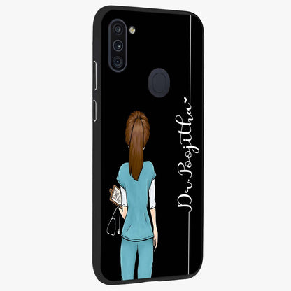 Doctor Pattern Custom Name Glass Case upright view showcasing healthcare themed design with personalized aesthetic.