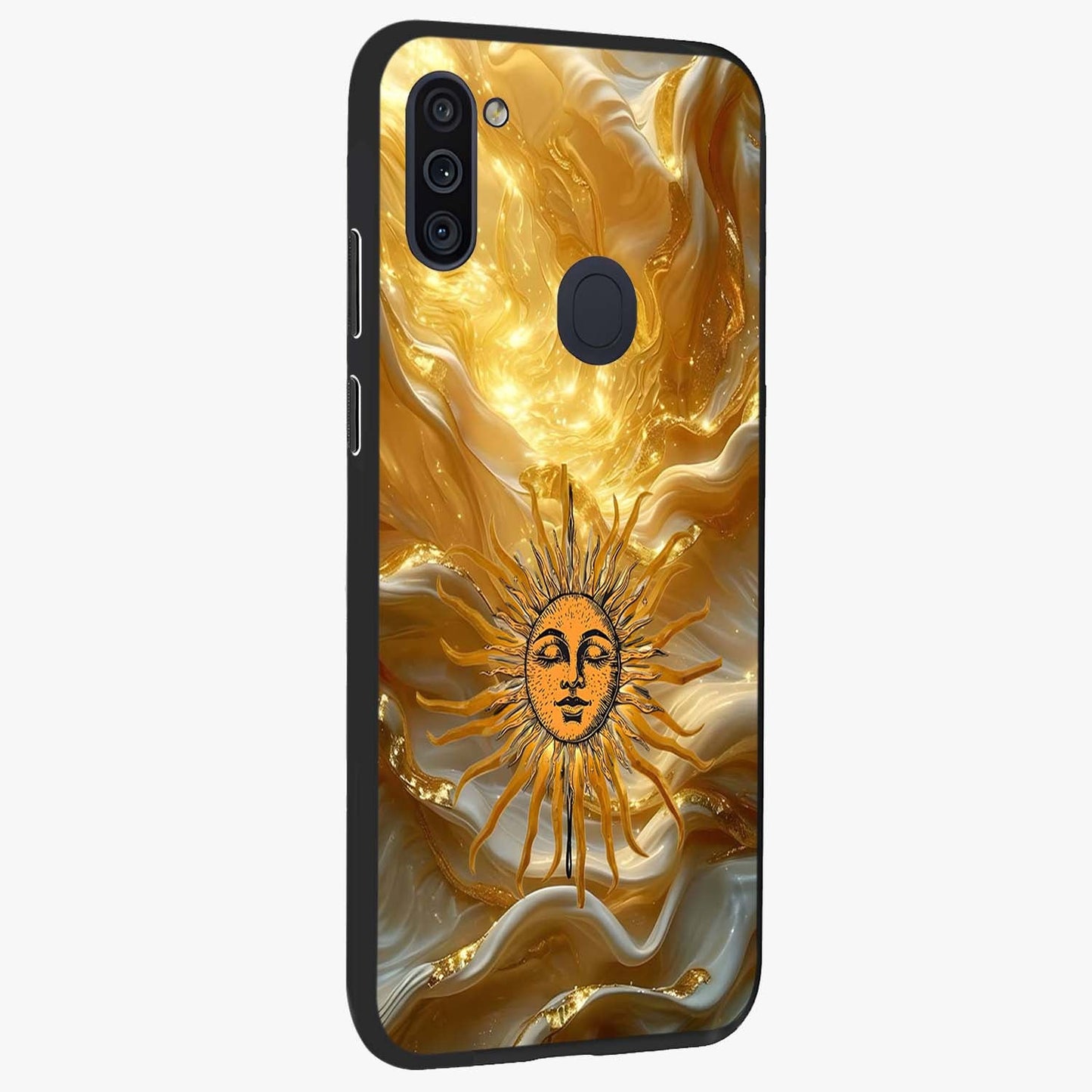 Eternal Golden Glow Glass Case upright view showcasing luminous golden artwork with luxurious visual theme.