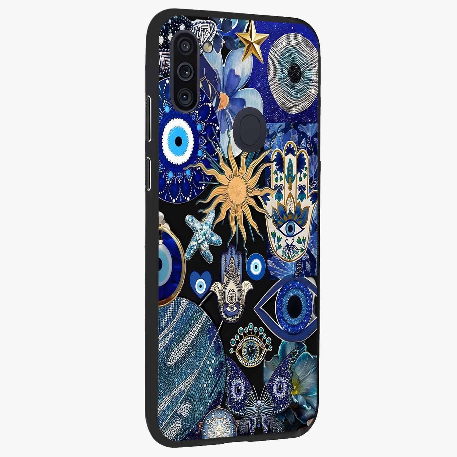 Evil Eye Charm Mix Glass Case upright view showcasing mystical evil eye pattern with vibrant decorative style.